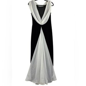 Night Way Collections Elegant Black White Vintage Velvet Chiffon Evening Gown